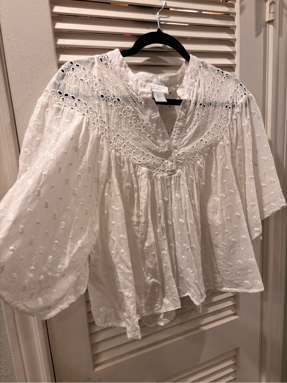 White Cotton Eyelet Peasant Blouse - Women's Top size L